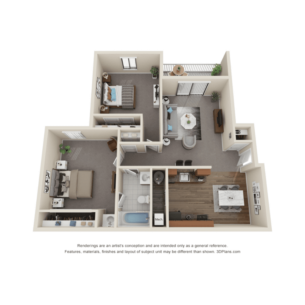 Artist's rendering of a spacious apartment layout at Windsor Place in Beavercreek, Ohio, featuring multiple rooms and modern furnishings.