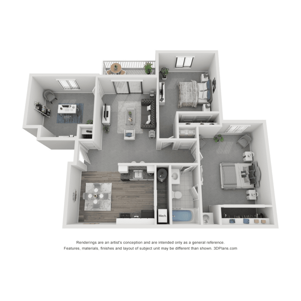 Detailed 3D floor plan of Windsor Place located in Beavercreek, Ohio showing layout of apartment rooms and furnishings.